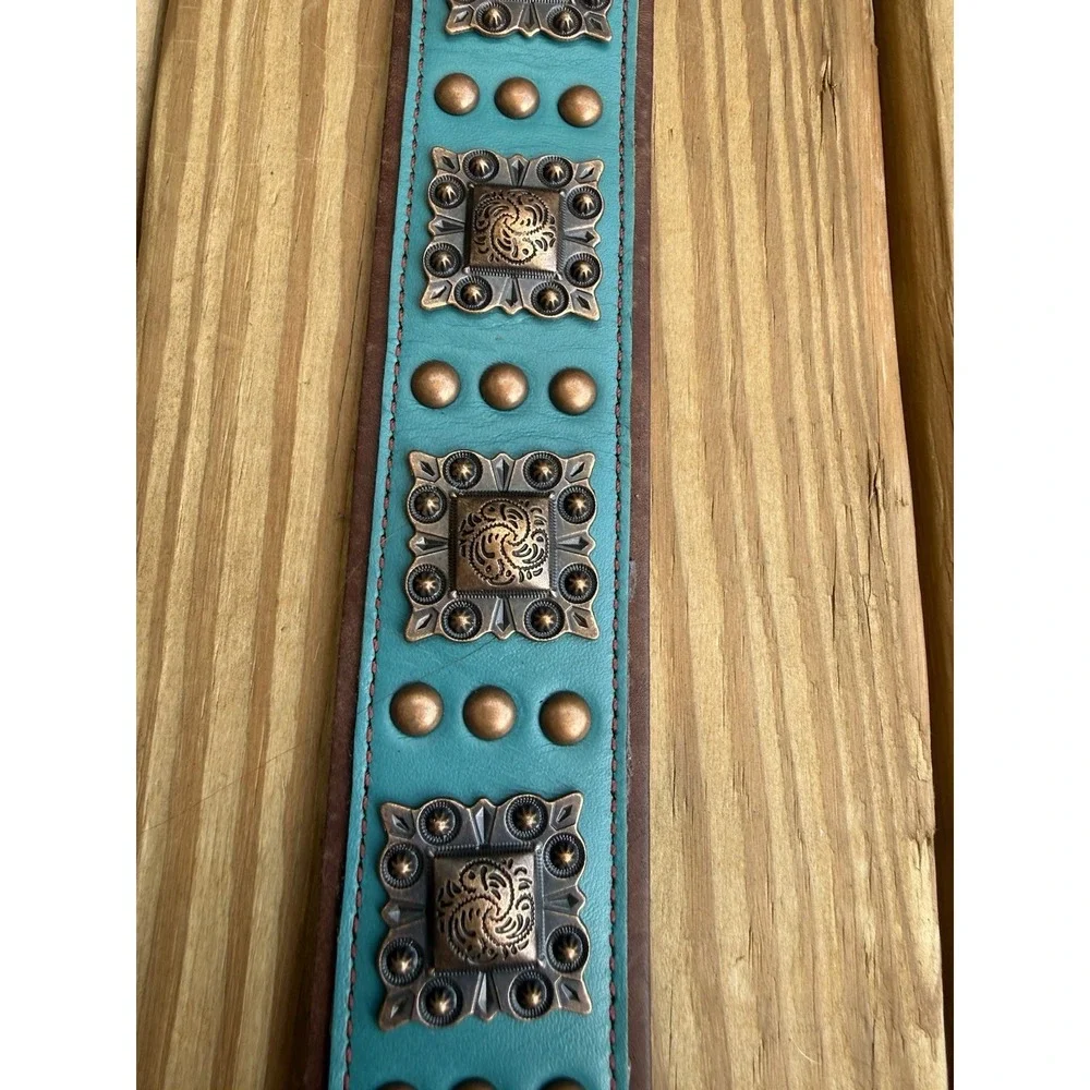 Brown Leather And Turquoise Studded Dog Collar Western Western 21.5